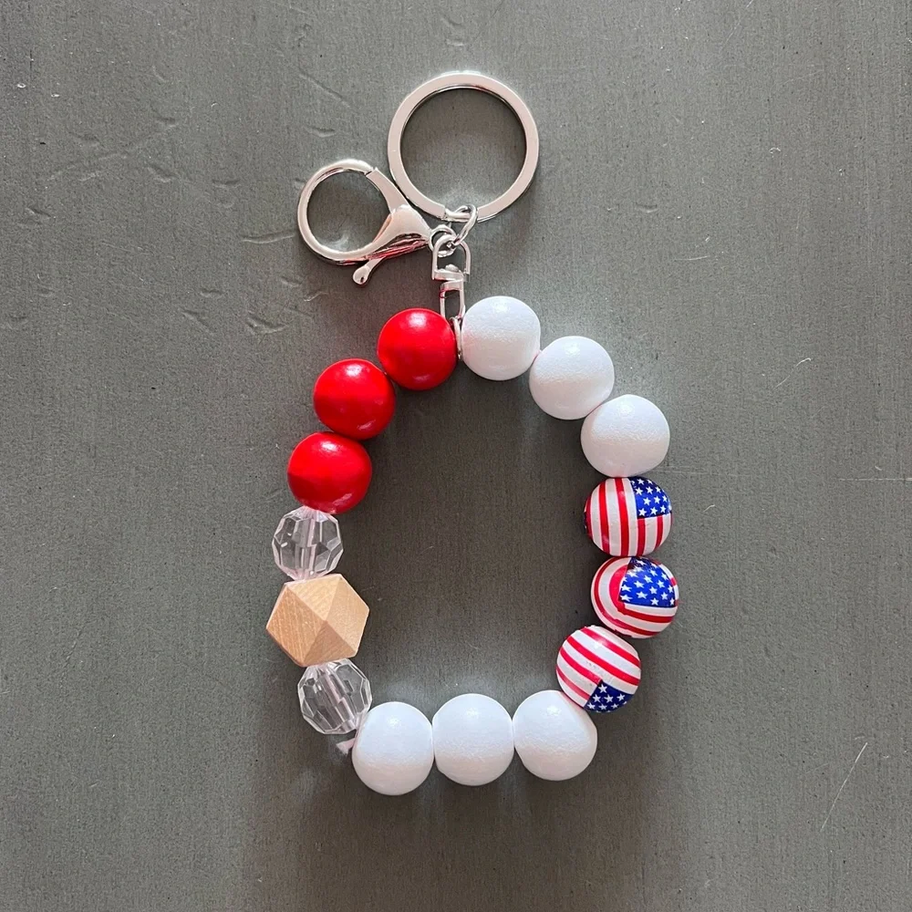Red White Blue Wood Bead USA Flag Keychain Bag Purse Charm Stretch Bracelet